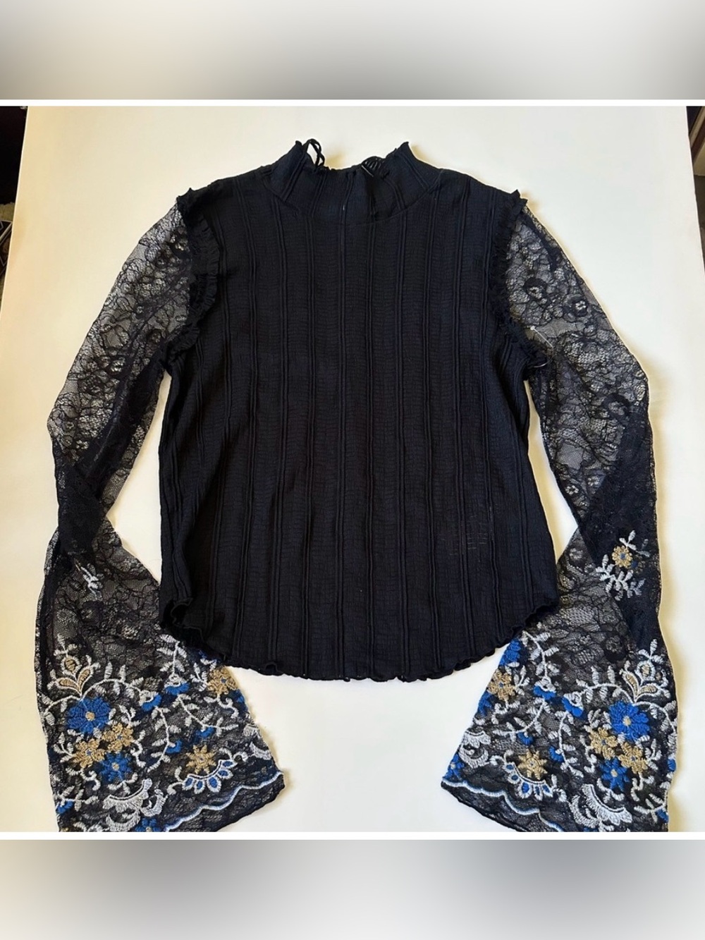 Free People  ‘Don’t Blame Me’ Black Lace Embroidered Bell Sleeves Blouse NWOT ~M